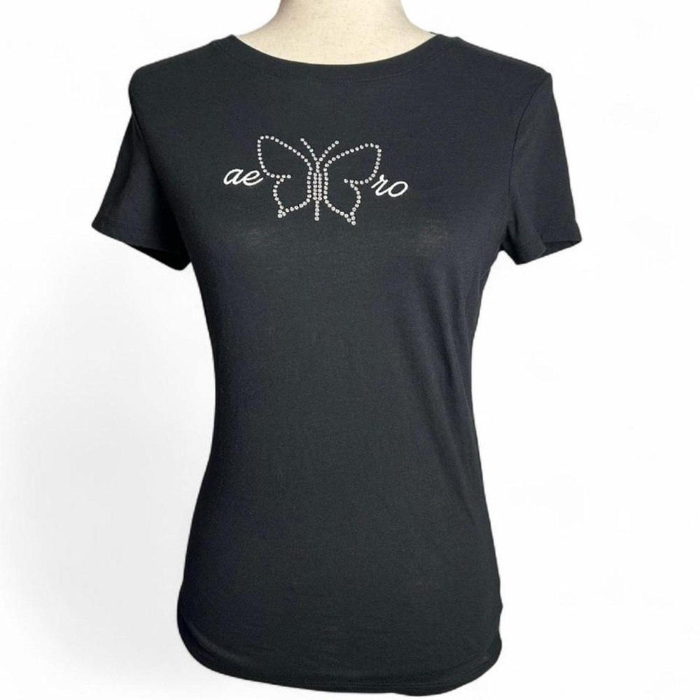 Aero Black Butterfly Rhinestone Fitted Medium Tee